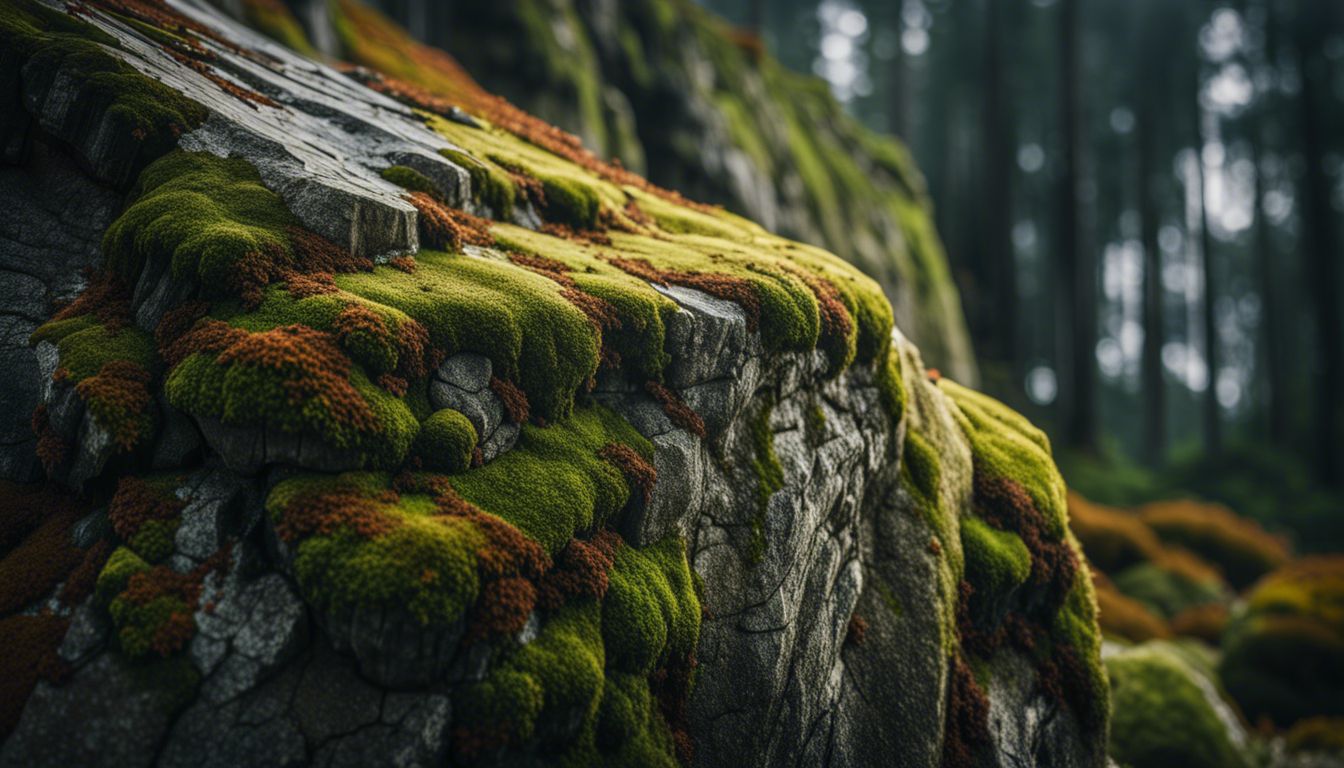 Weathered rock face with vibrant moss and lichen growth in a bustling atmosphere.