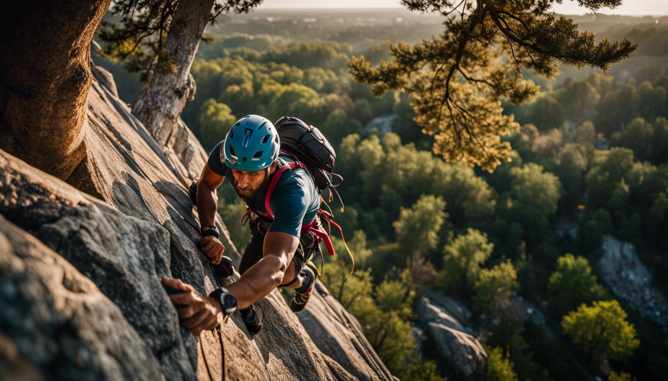 A rock climber scaling a cliff while preserving trees.