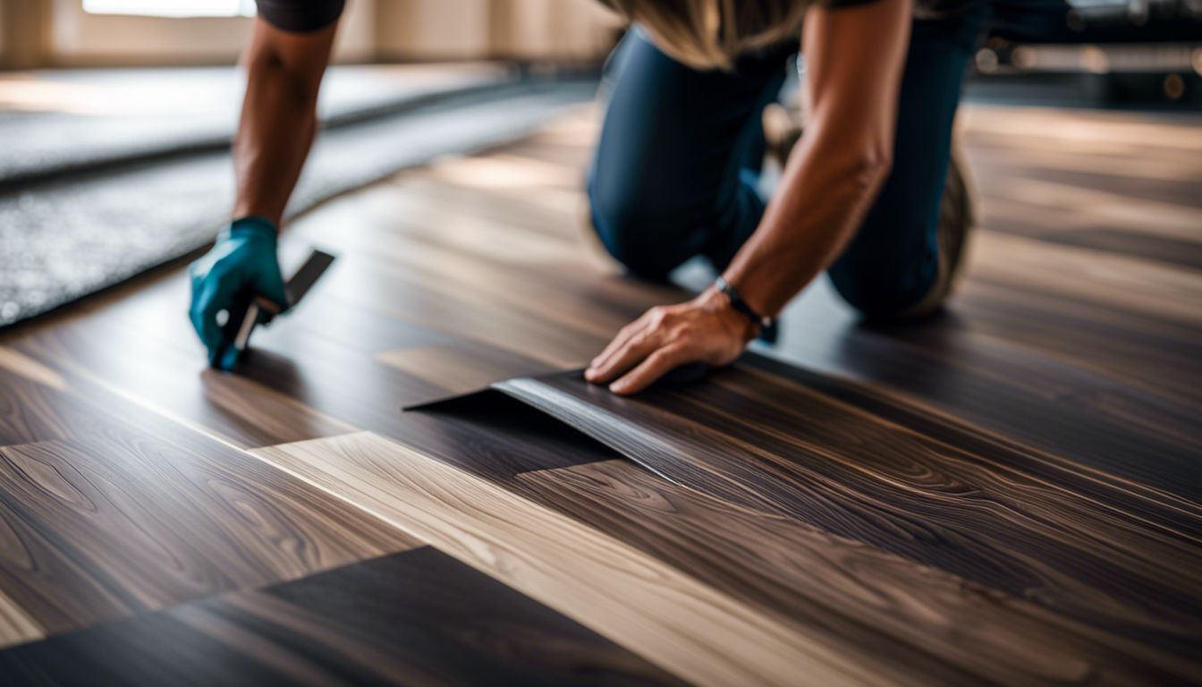 Close-up shot of vinyl flooring being installed, showcasing installation process.