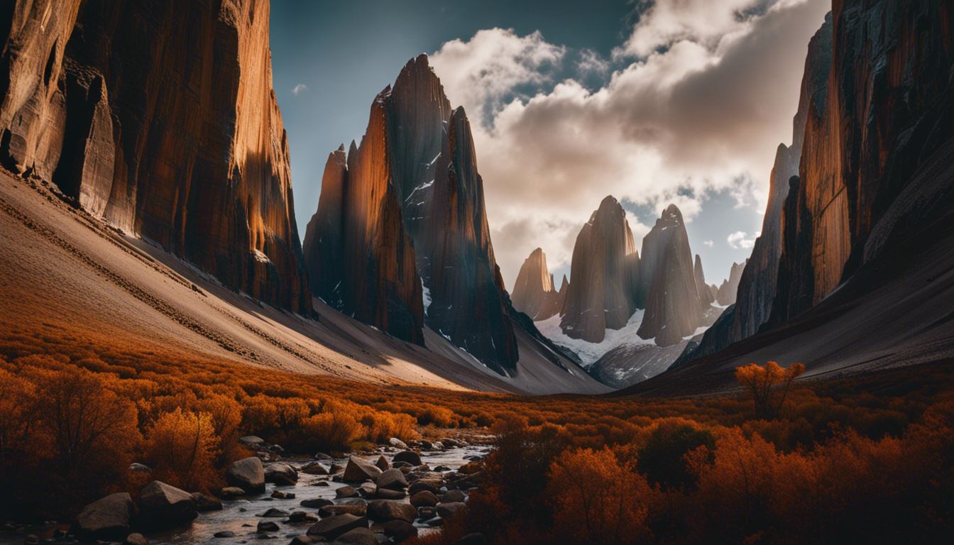 Magnificent Trango Towers rise above rugged terrain in stunning landscape photography.