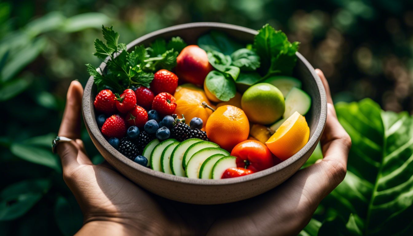 Hand holding eco-friendly bowl with fresh fruits and vegetables in nature.