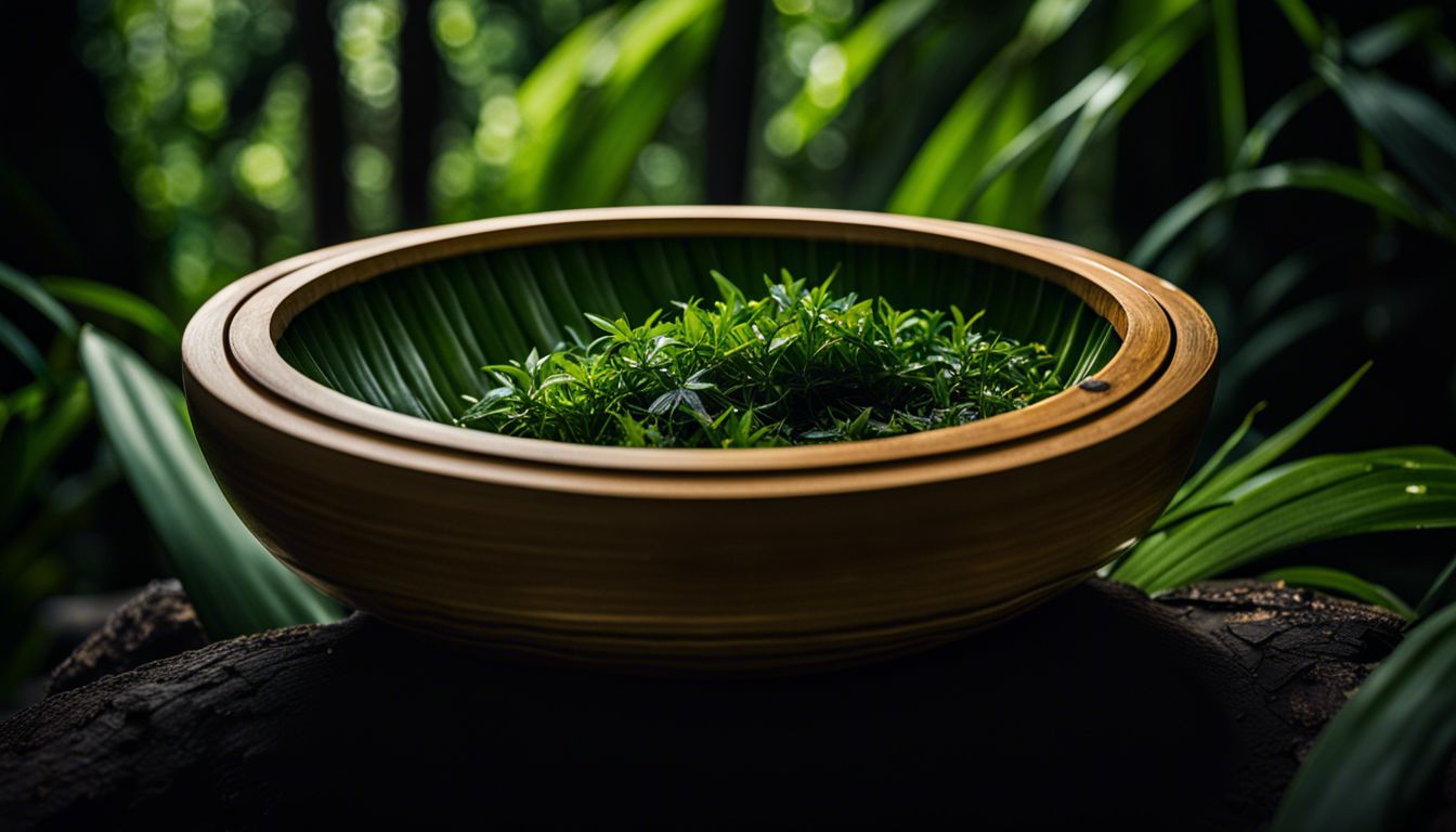 A photograph of a bamboo bowl surrounded by lush greenery.