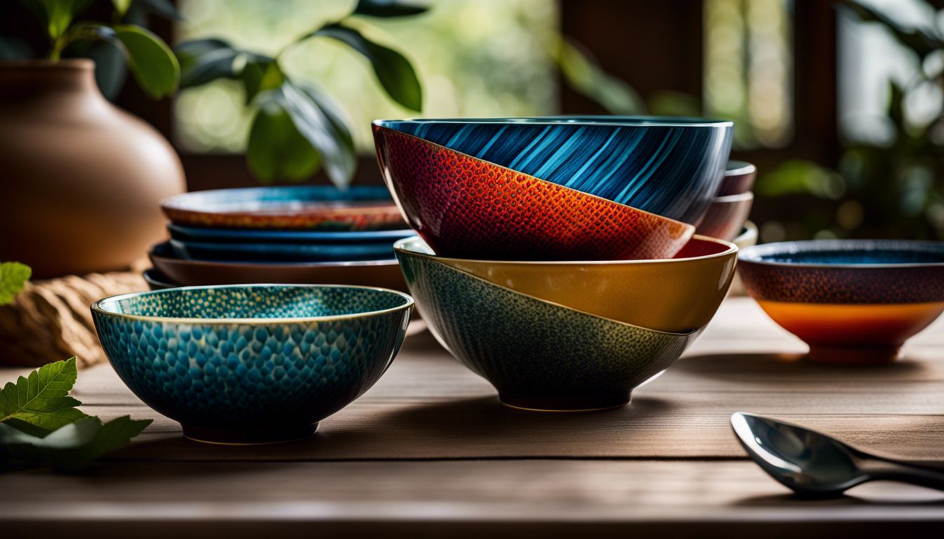 A table set with eco-friendly bowls featuring vibrant, natural patterns.