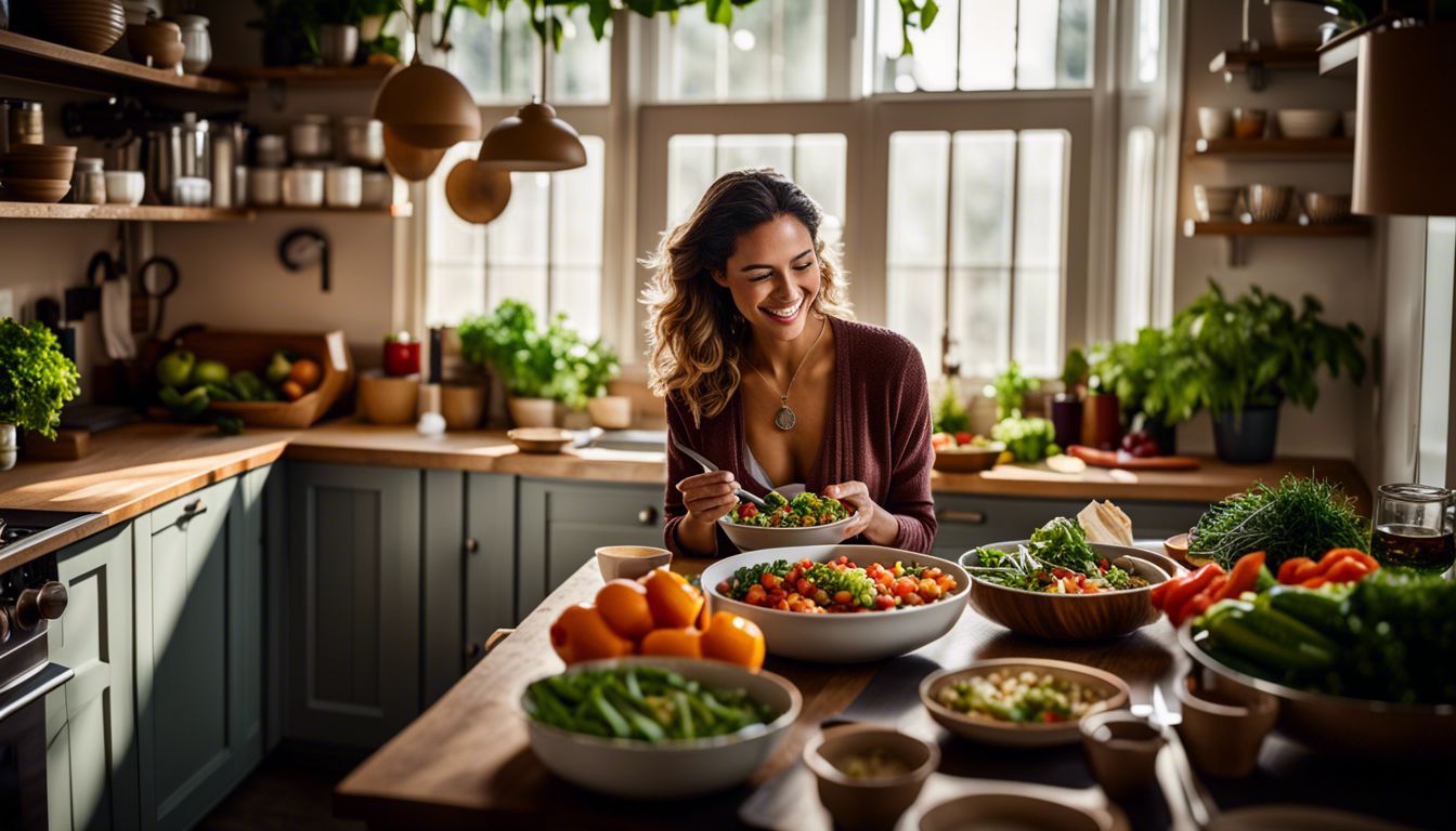 A woman enjoying a healthy meal in a cozy kitchen.