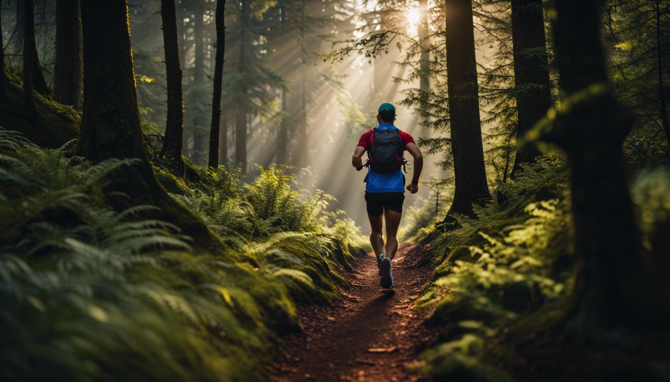 Trail runner surrounded by lush green forest, cinematic and colorful.