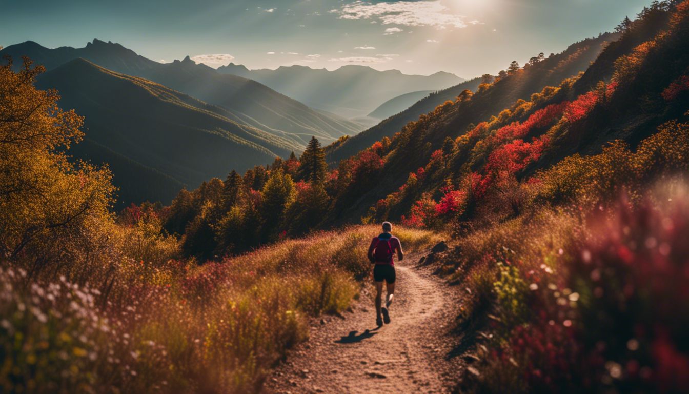 A runner on a colorful mountain trail with scenic surroundings.