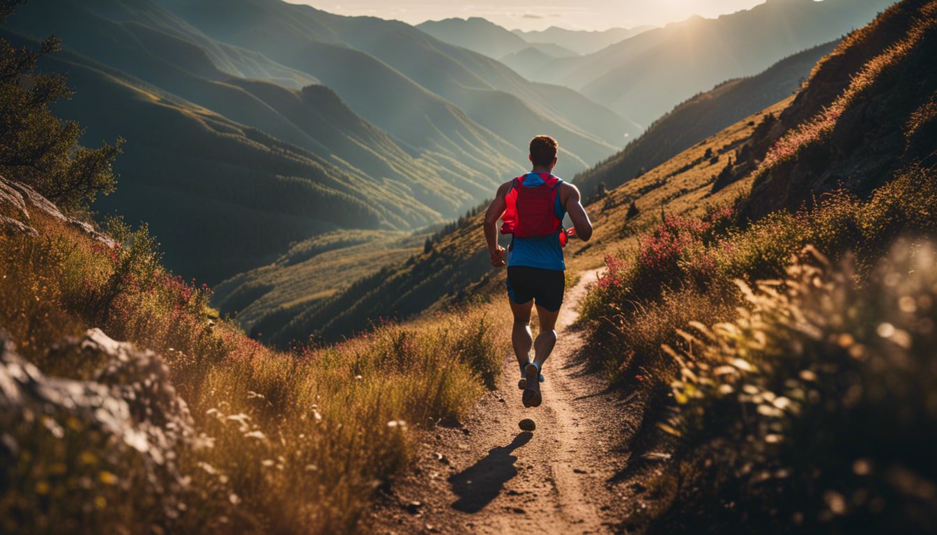 Athlete running in scenic mountain trail, captured in vivid detail.