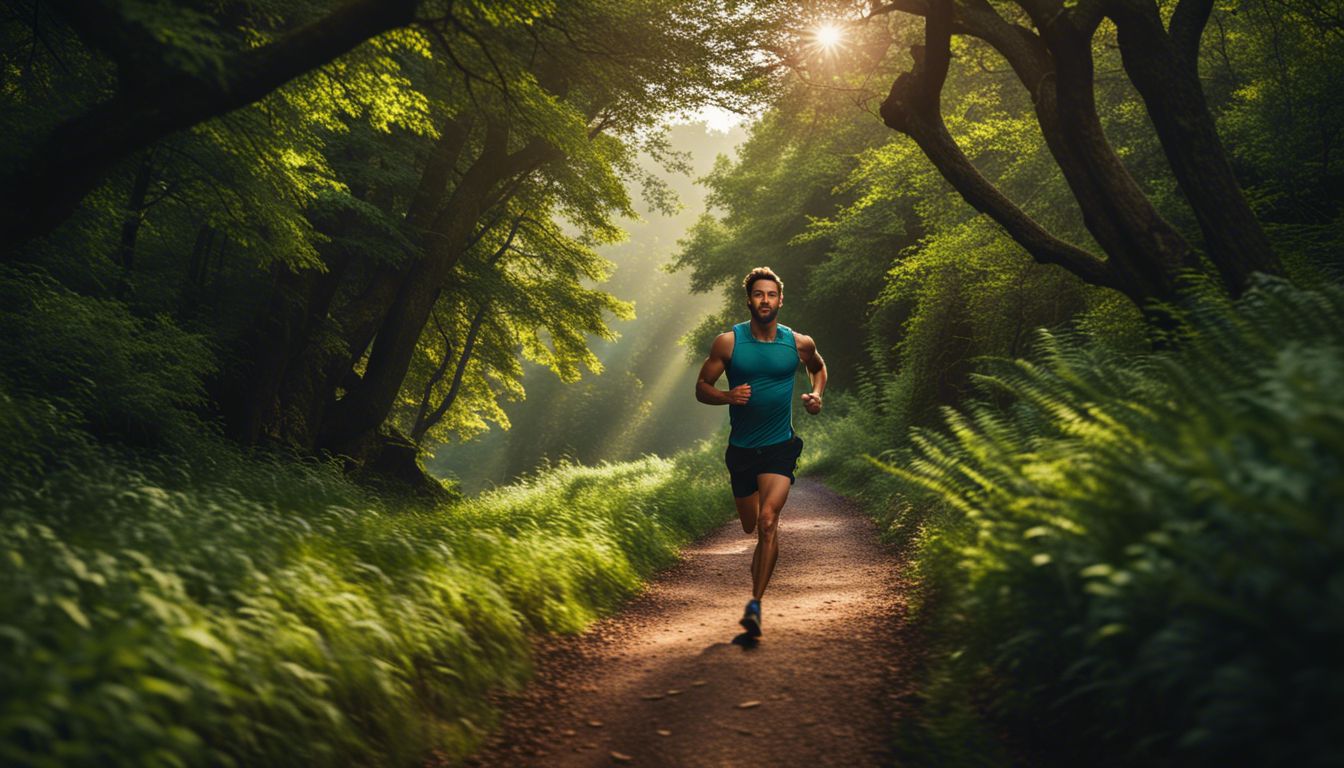 Athlete running on a scenic trail surrounded by lush greenery.
