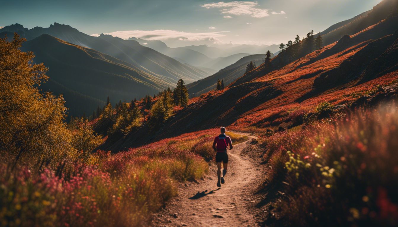A vibrant mountain trail with a runner in a picturesque landscape.