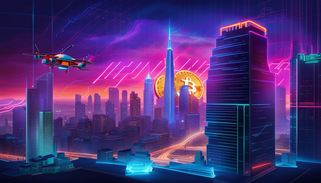 Bitcoin's volatile price in a futuristic cityscape with no humans.