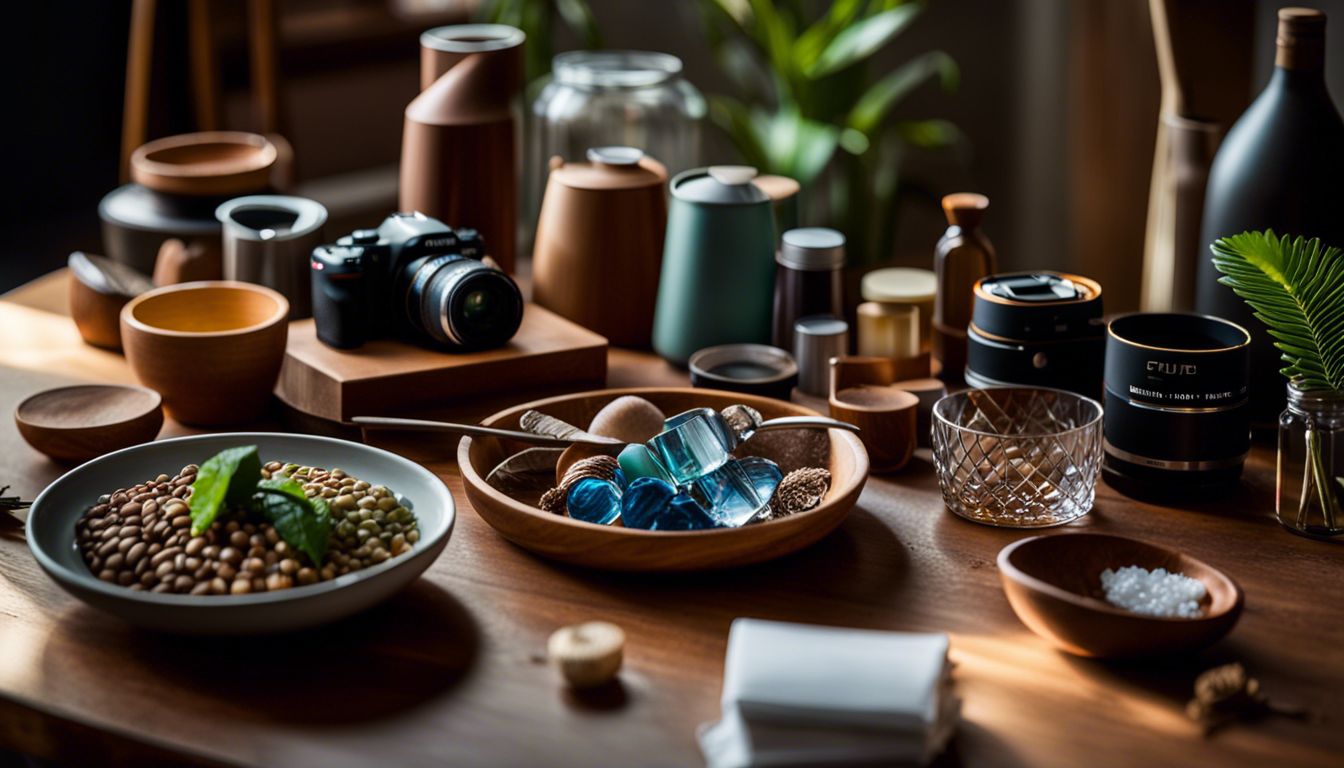 Arrangement of sustainable household items on wooden table with nature backdrop.