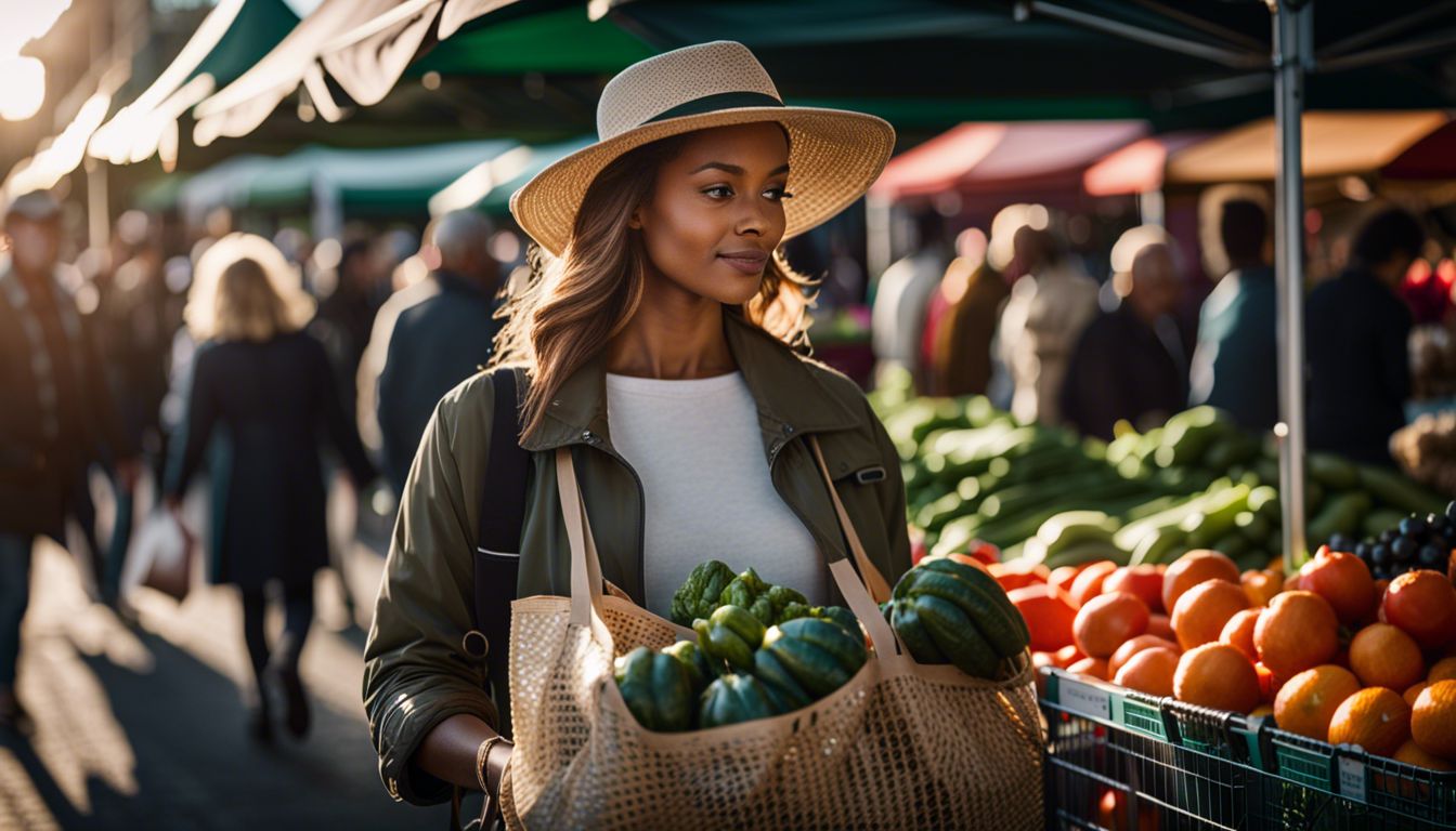 A woman chooses fresh produce at a bustling farmers market.