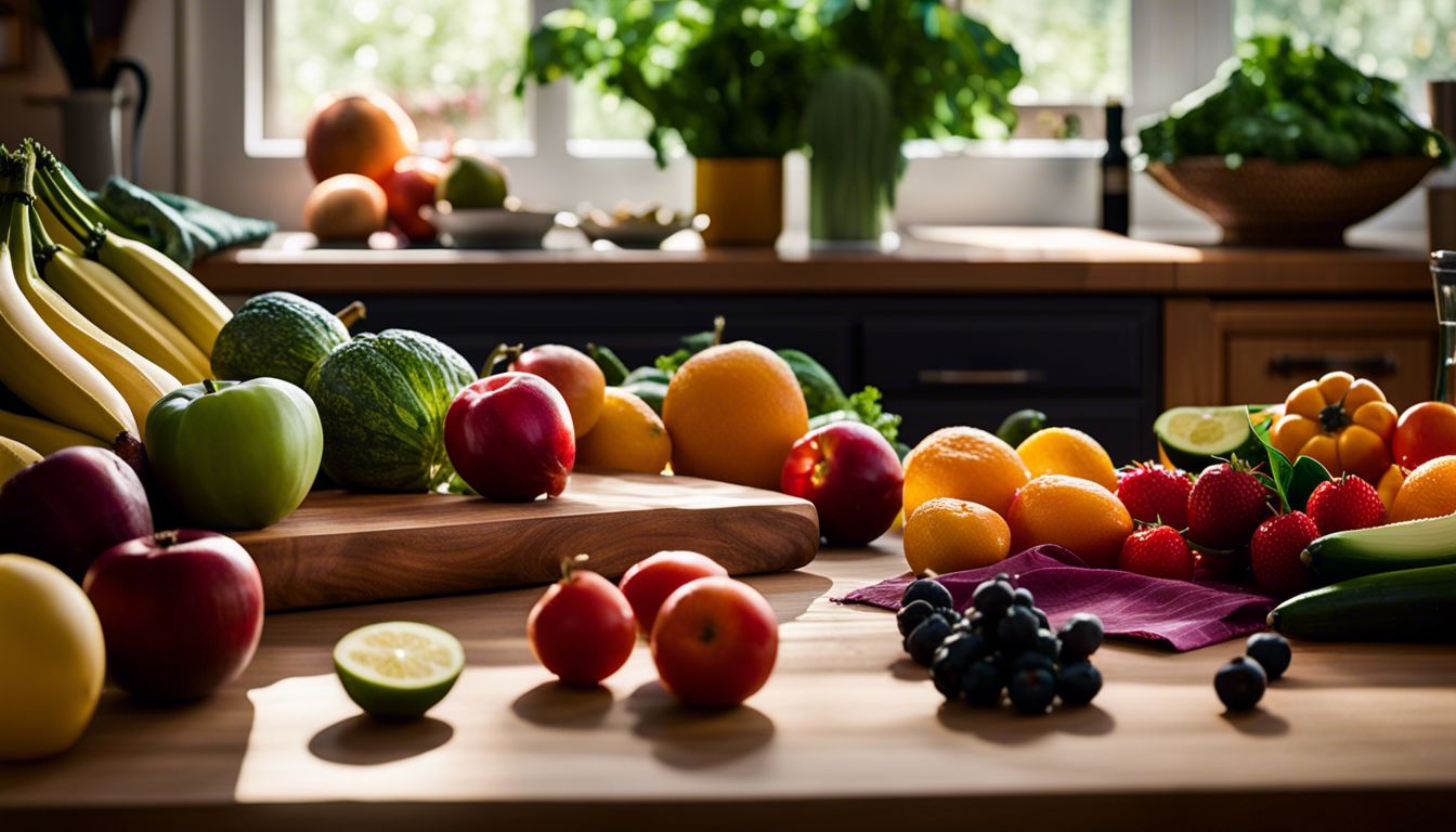 Colorful fruits and vegetables on a cutting board surrounded by reusable bags.