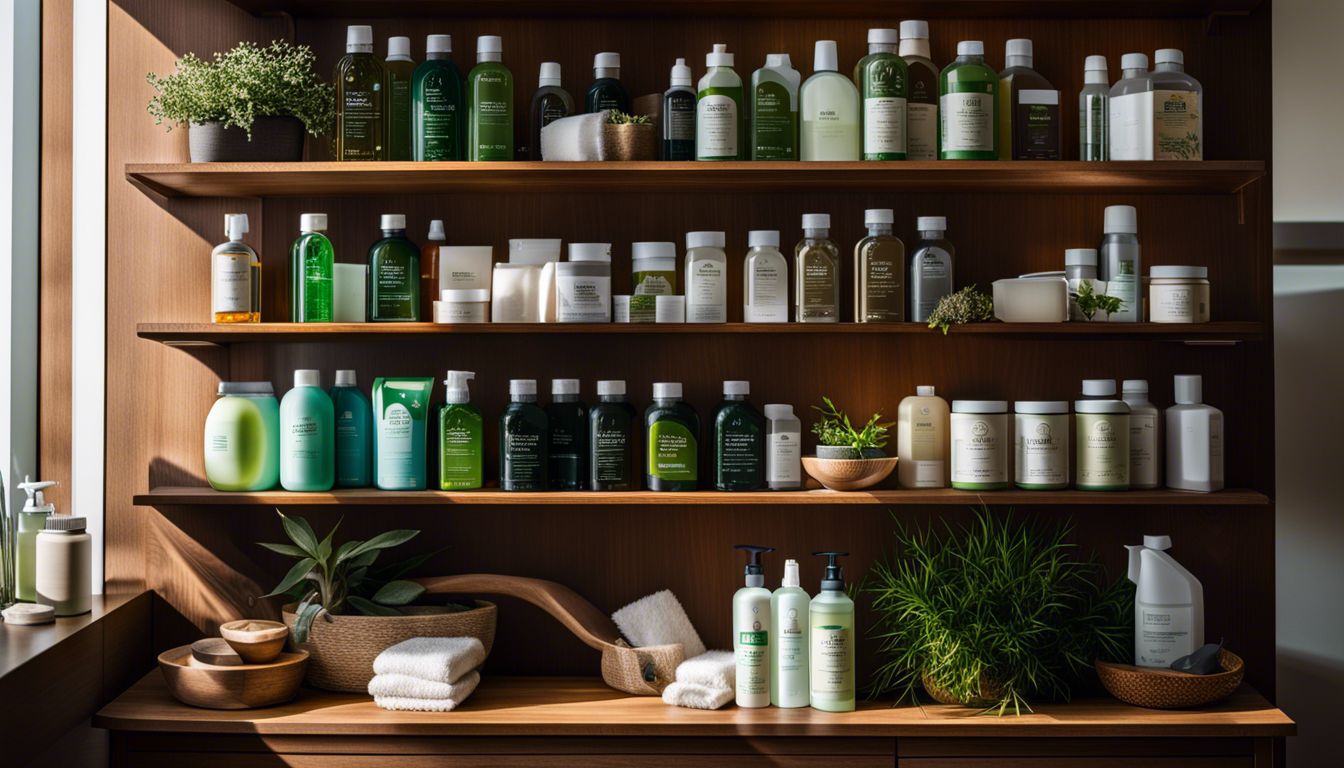 Arrangement of eco-friendly cleaning products on a wooden shelf.
