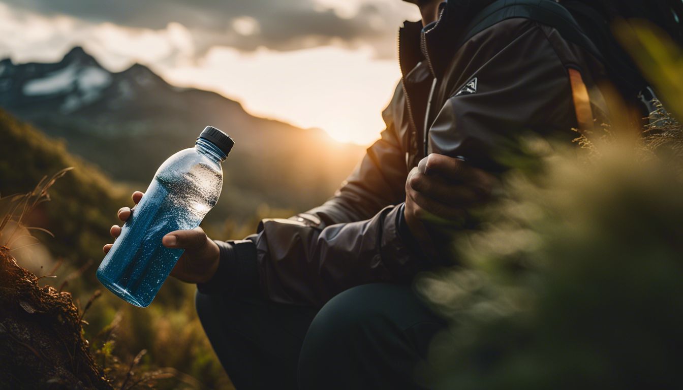 A person holding a reusable water bottle in beautiful nature scenery.