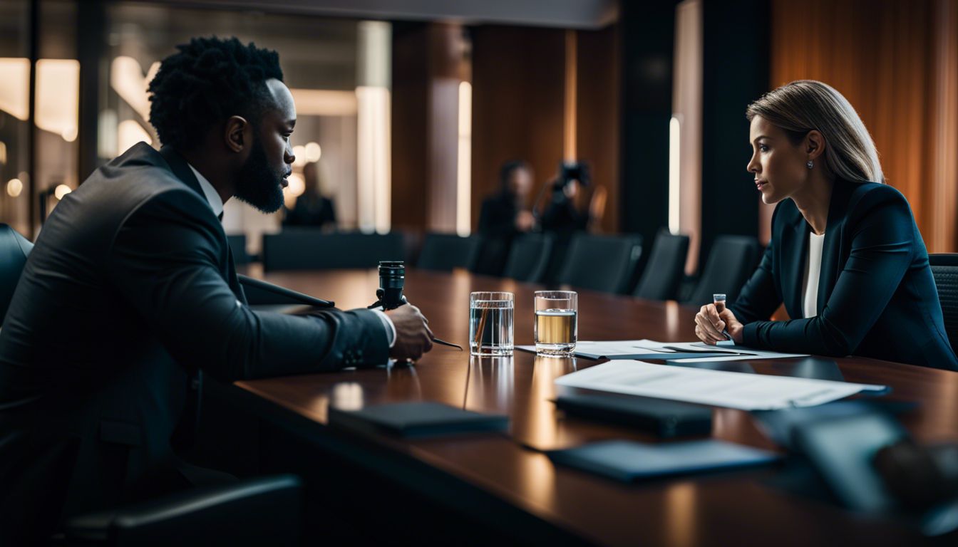 Two people discussing ideas in a city conference room setting.
