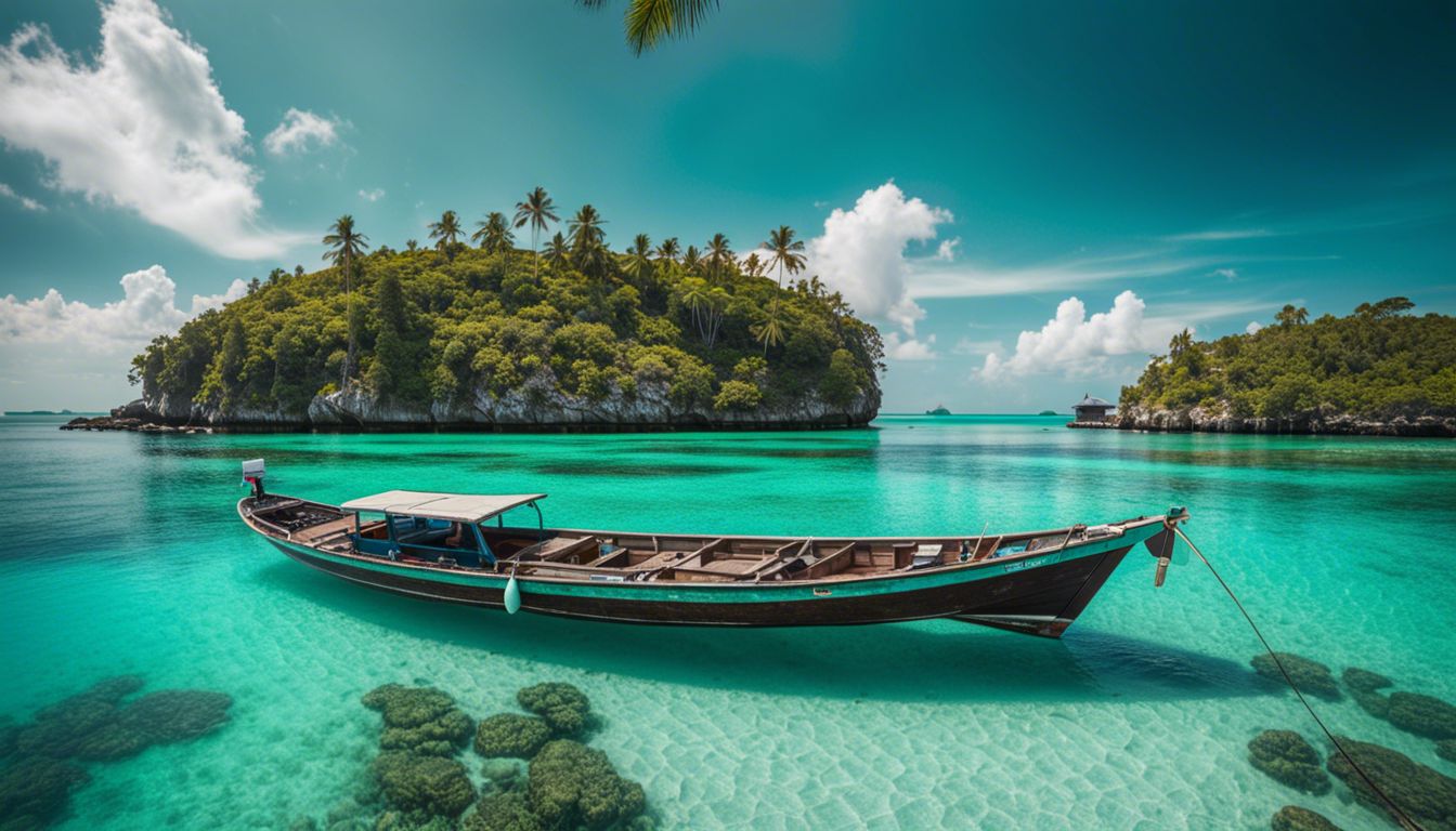 Crystal-clear turquoise waters surround a fishing boat in a tropical paradise.