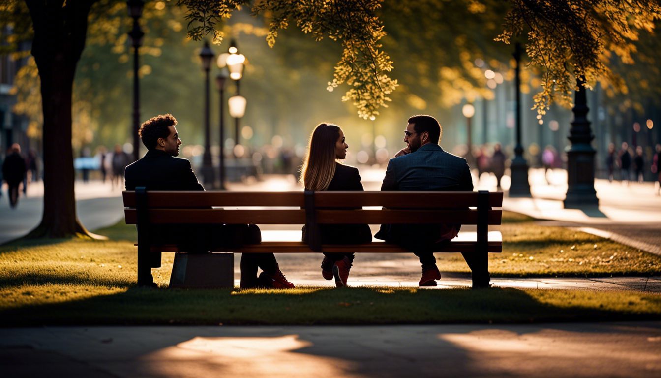 three people sitting on a bench at the park