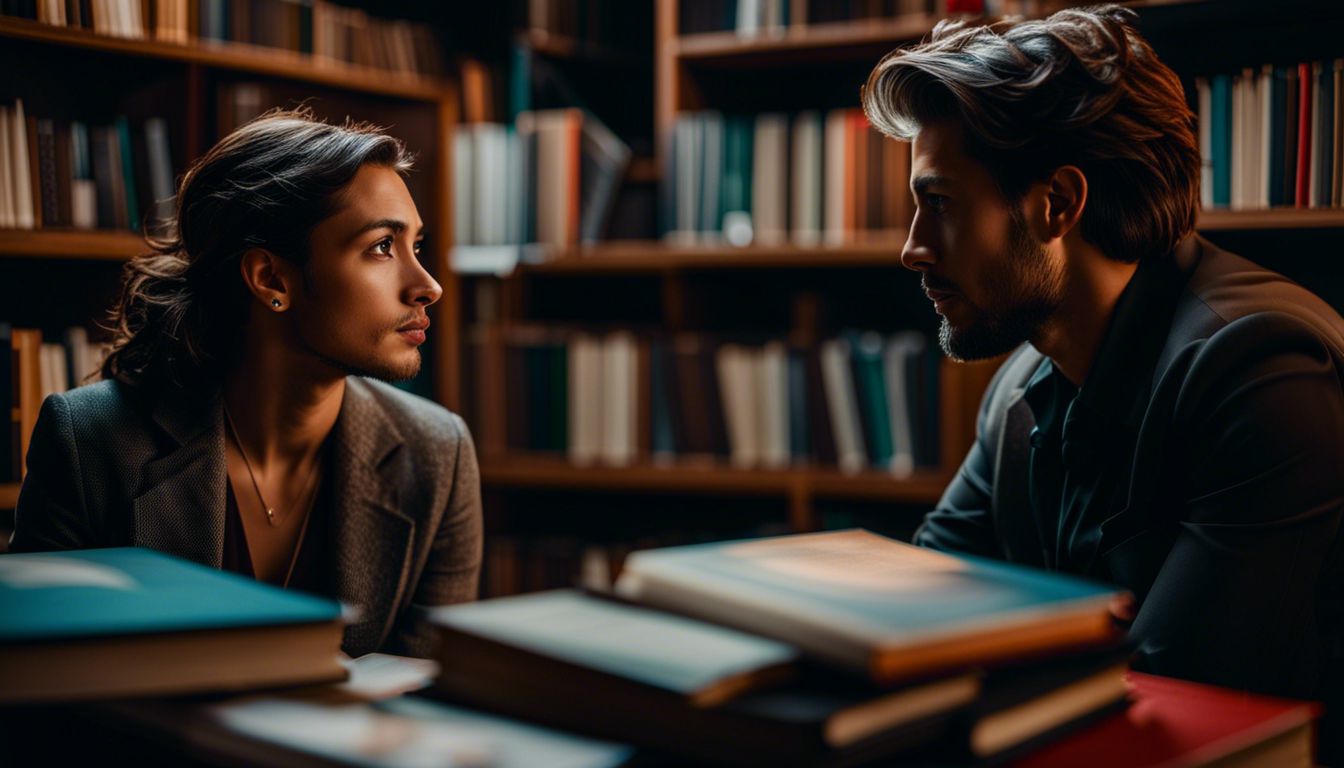 couple in a library looking at each other