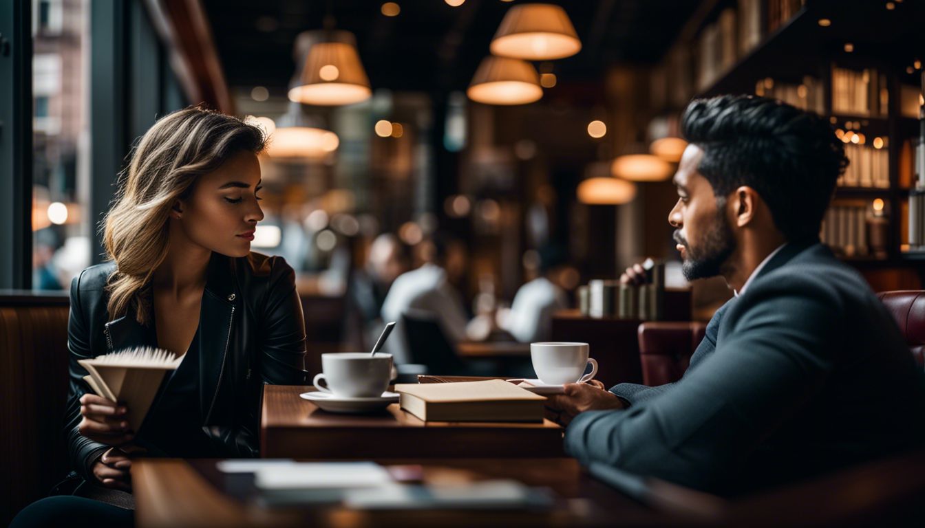 man and woman drinking coffee in a fancy cafe