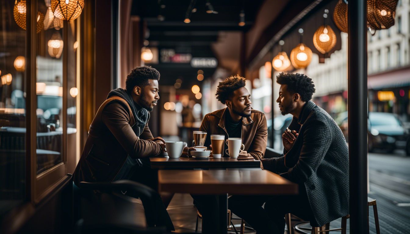 three men talking while having coffee