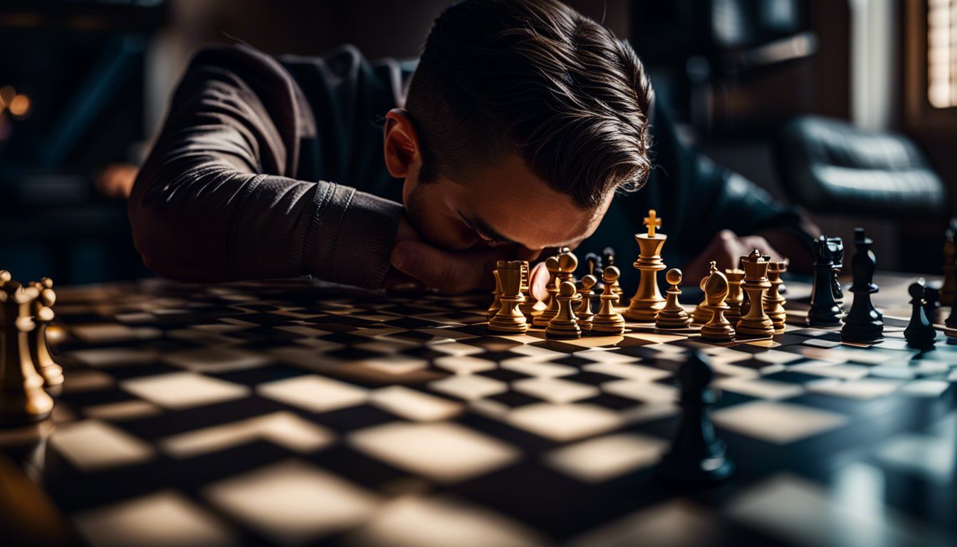 man playing chess and seems to be having a hard time