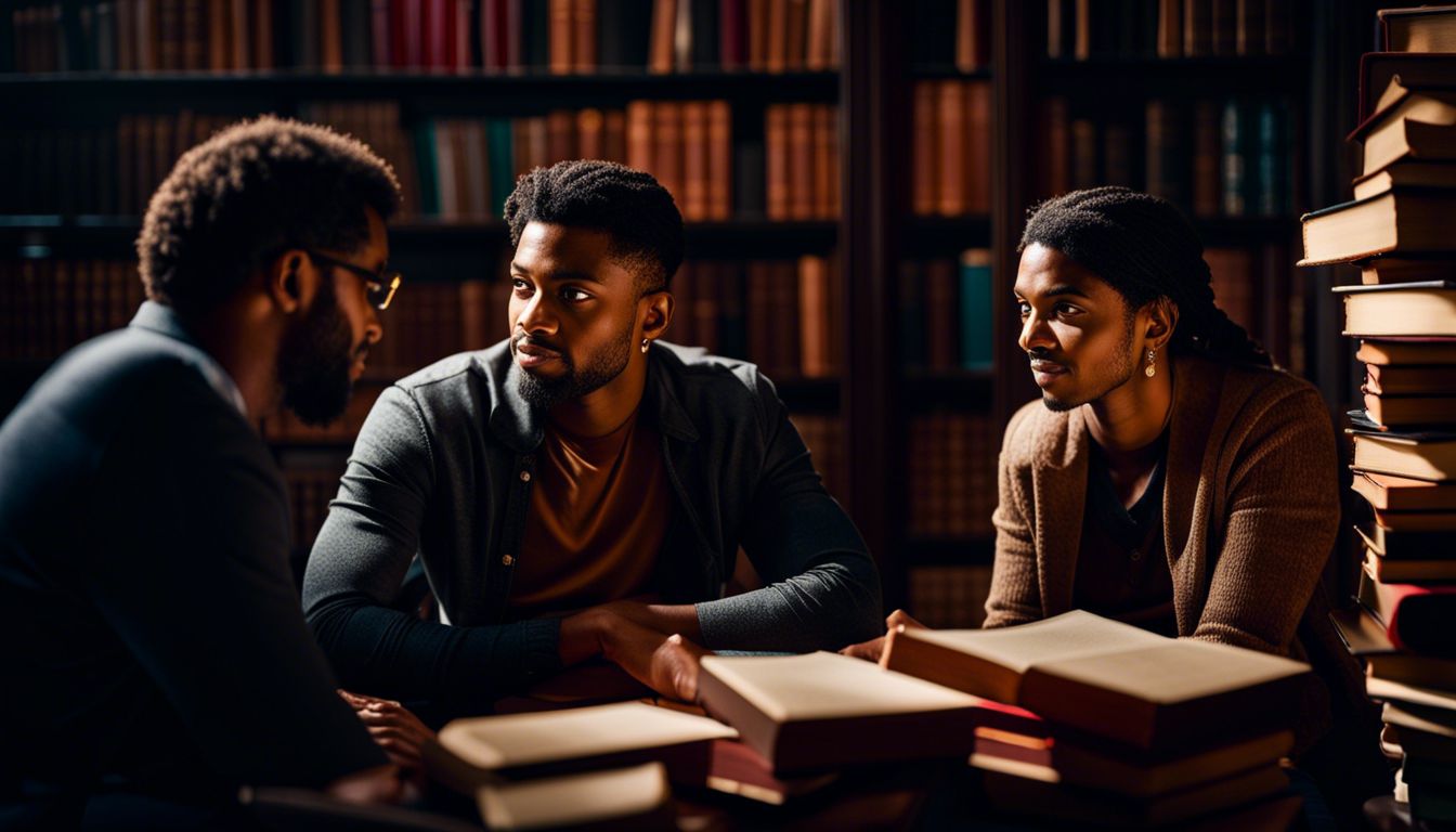 three people discussing issues inside a library