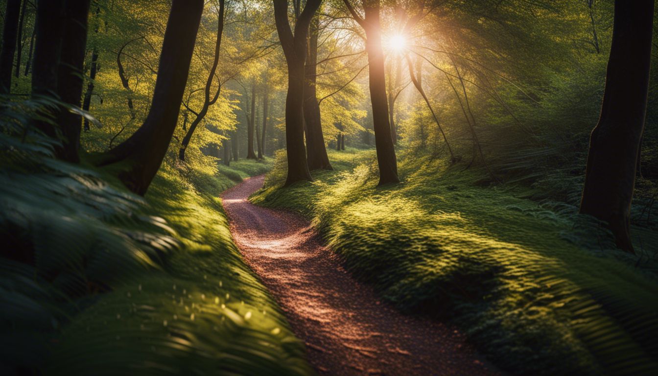 A serene forest path with sunlight filtering through the trees.