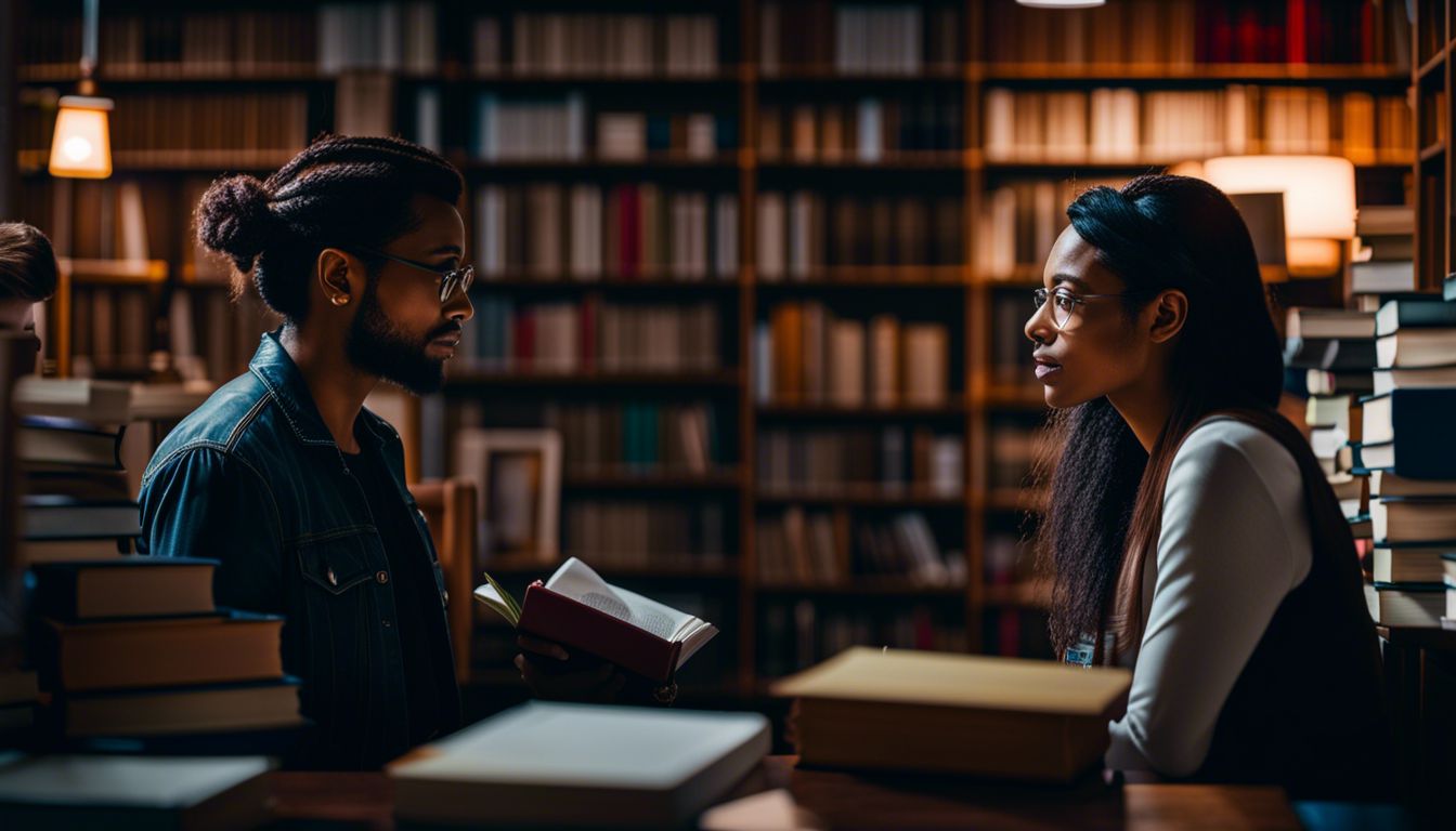 Two individuals having an intense conversation surrounded by books and a whiteboard.