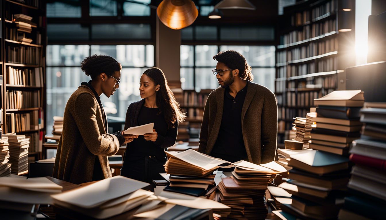 Two people engaged in a passionate debate surrounded by books and papers.