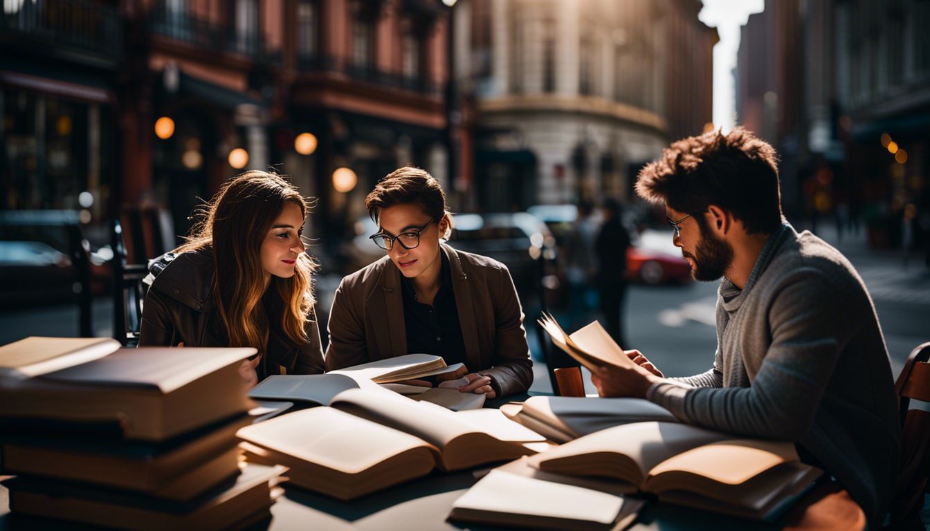 Two people engrossed in conversation surrounded by books and cityscape.