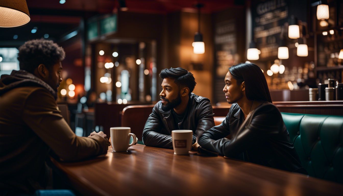 Two people having a deep conversation in a cozy coffee shop.
