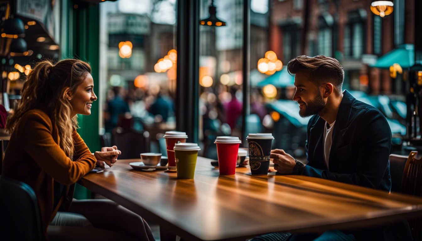 a man and a woman discussing ideas in a vibrant coffee shop.