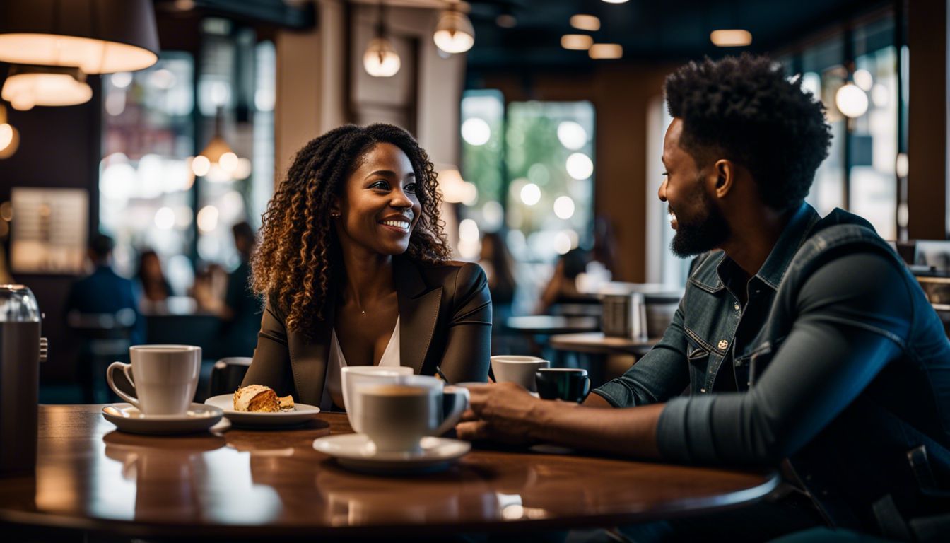 Two people engrossed in conversation at a vibrant coffee shop.