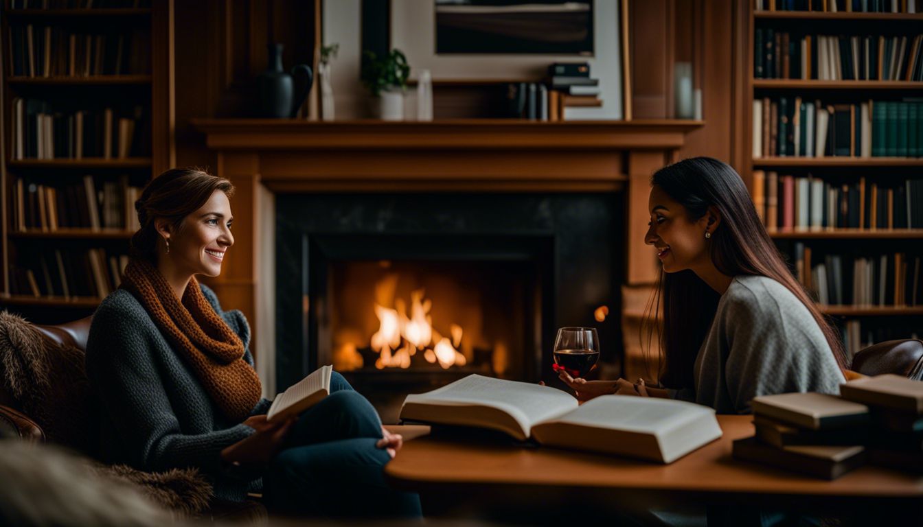 INTP and ESFJ engaged in deep conversation surrounded by books and cozy fireplace.