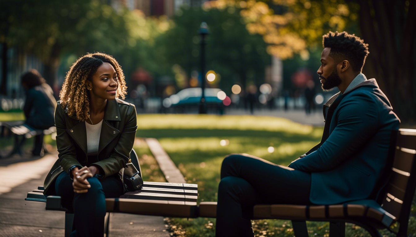 a couple having deep conversation in a park, surrounded by cityscape.