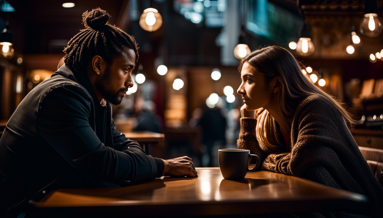 Two people engrossed in conversation at a cozy coffee shop.