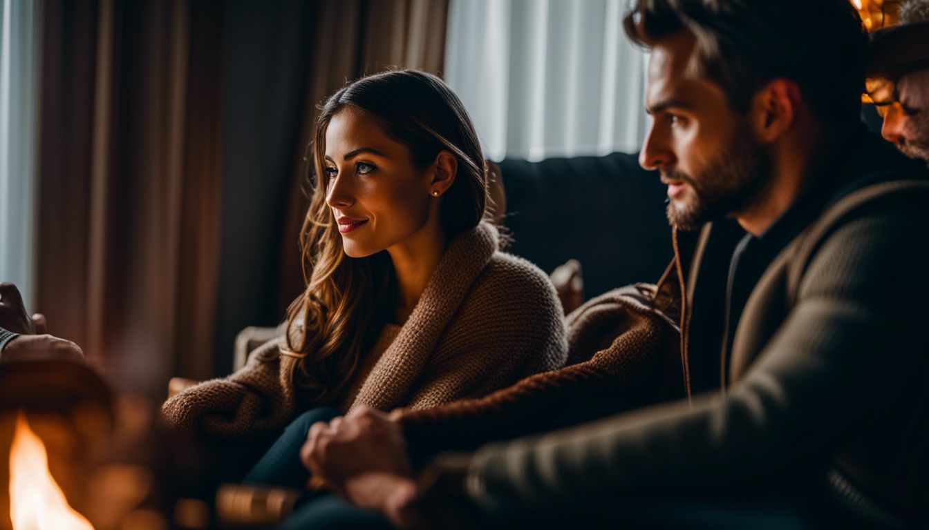 A man and a woman engaged in deep conversation by a cozy fireplace.