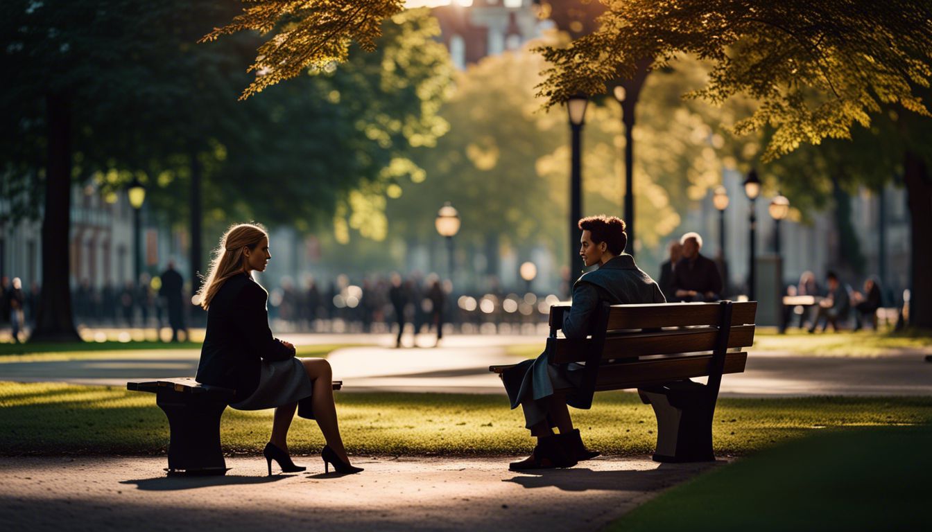 A couple engaged in conversation on a park bench overlooking a city.