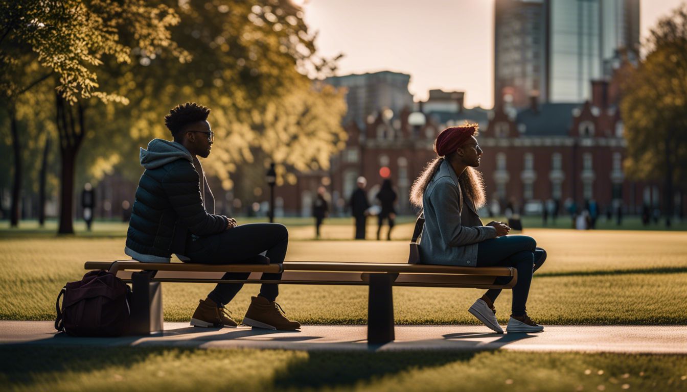 Two friends engrossed in conversation in a bustling park setting.