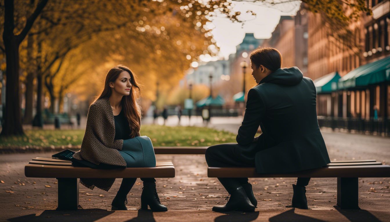 Photograph captures INFJ and ENFP having deep conversation in city park.