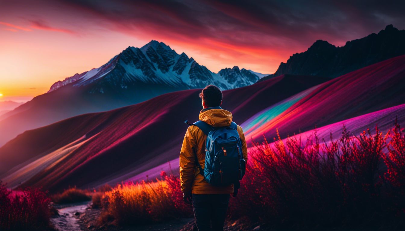 Colorful sunrise over peaceful mountain landscape, focusing on natural beauty.