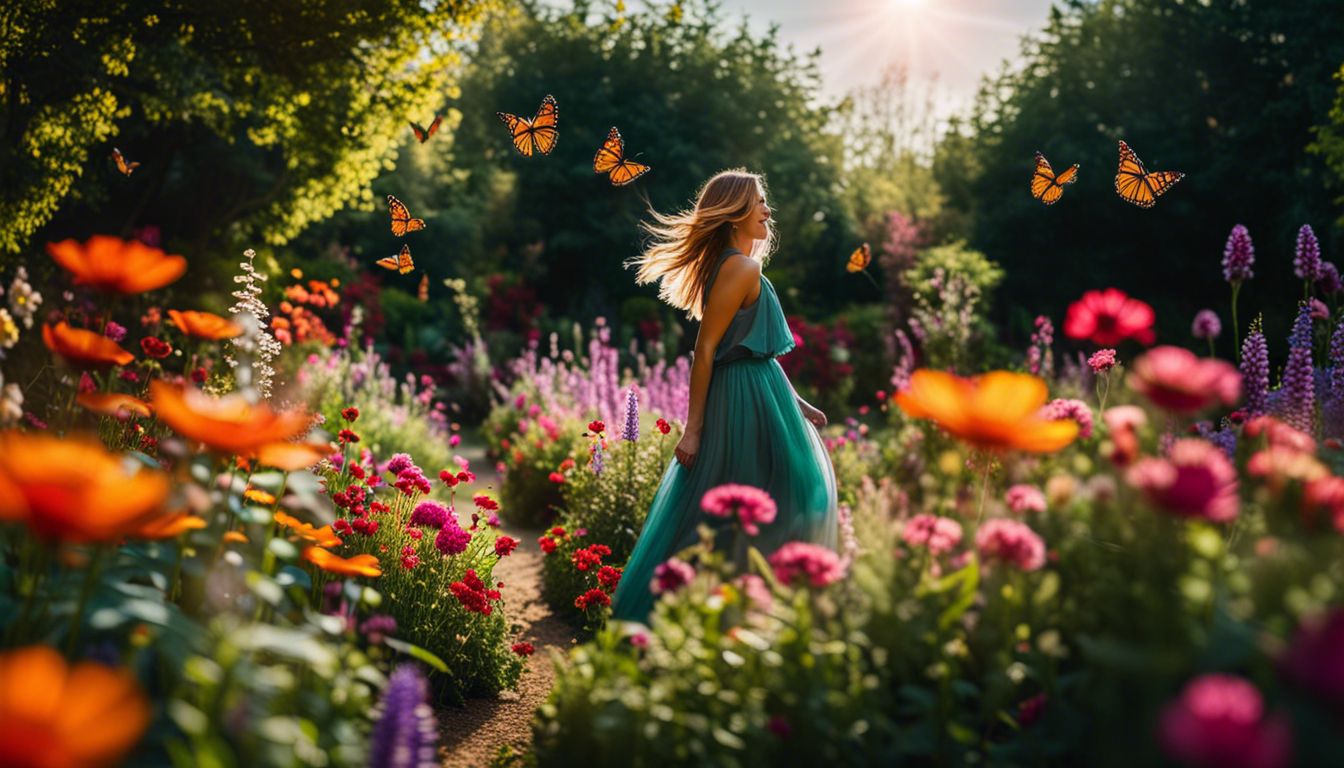 A colorful garden with blooming flowers and dancing butterflies.