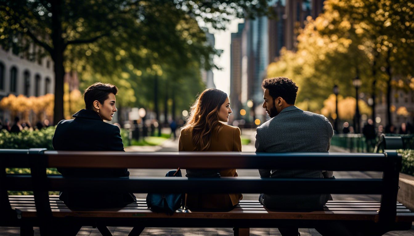 Two INFP individuals engaged in deep conversation on a park bench.