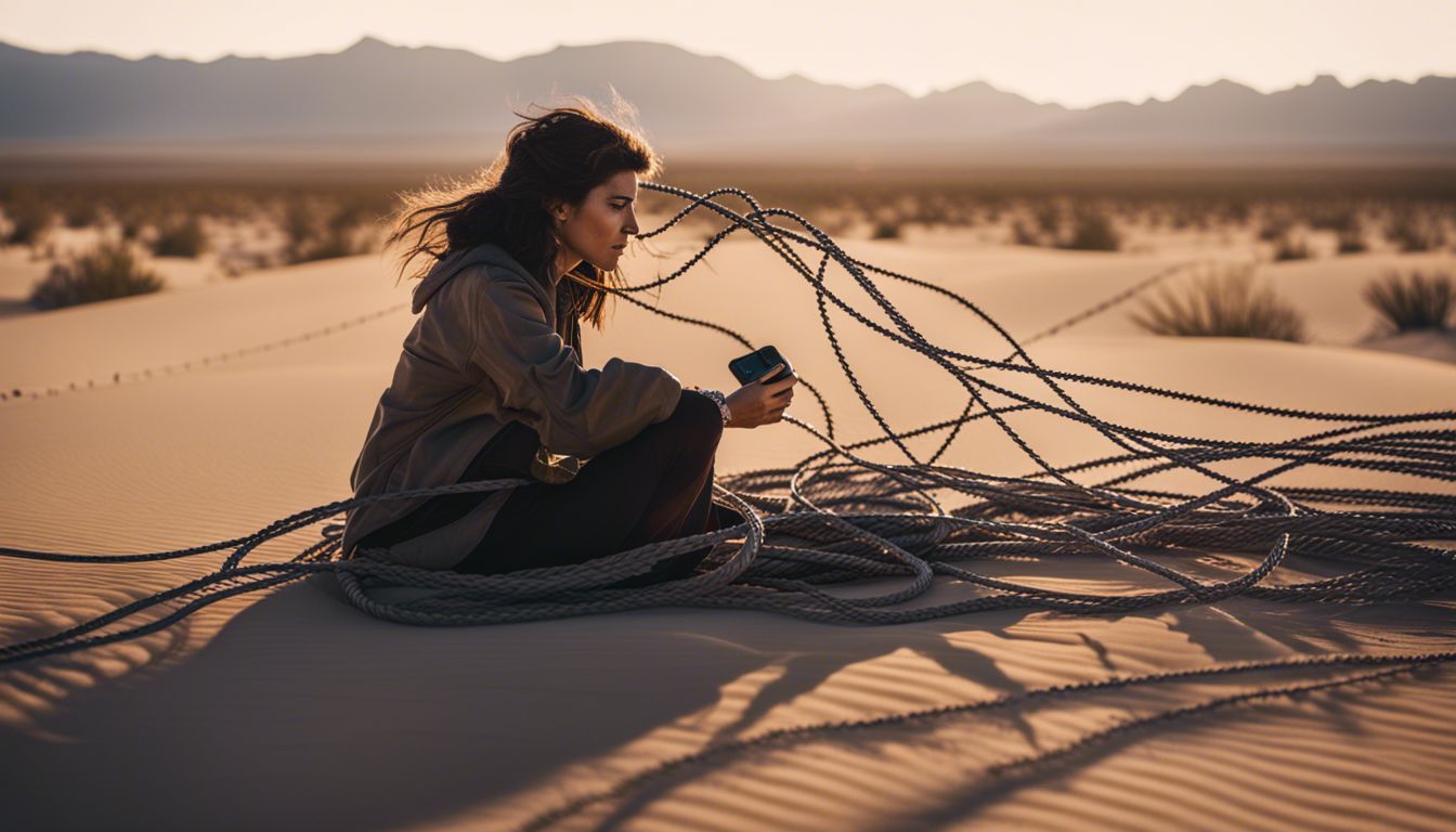 Person speaking through tangled telephone wire in desert setting; cinematic and realistic.