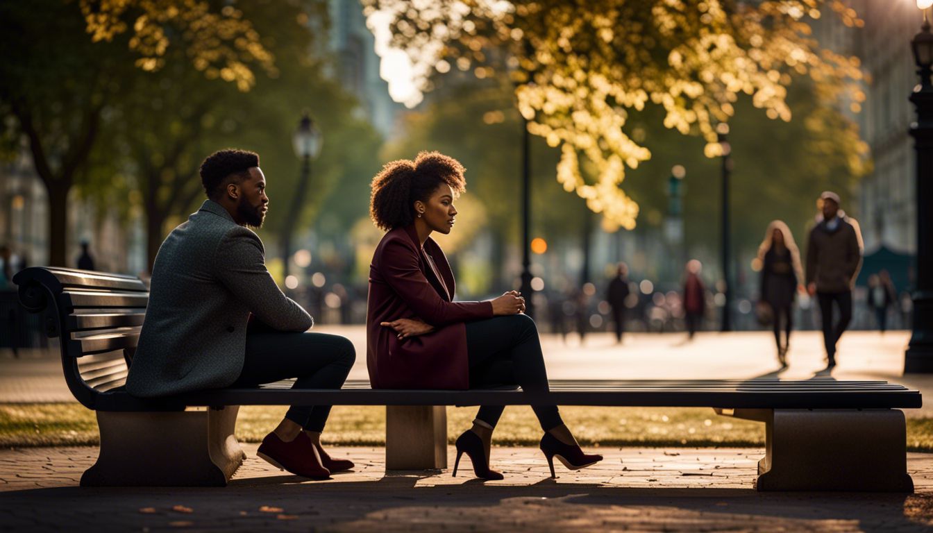 A couple conversing on a park bench in a cityscape setting.