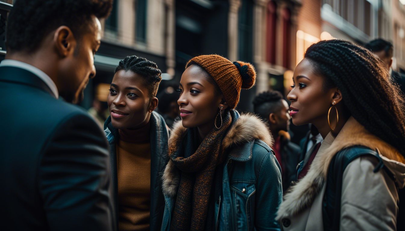 A diverse group of individuals engaged in deep conversation in a cityscape.