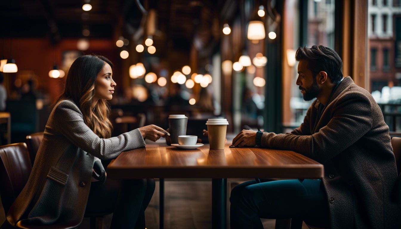 A couple engrossed in deep conversation at a cozy coffee shop.