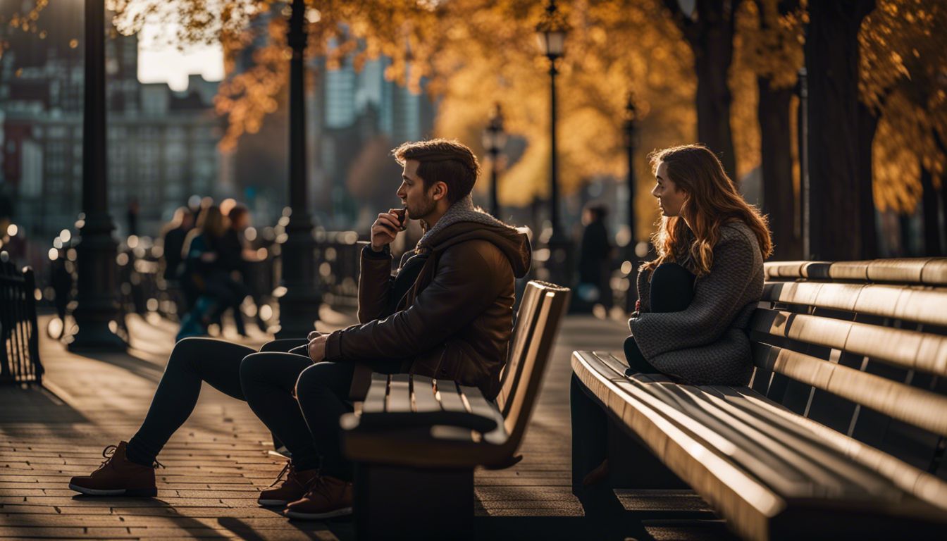 A photo of two people talking on a park bench in a city.