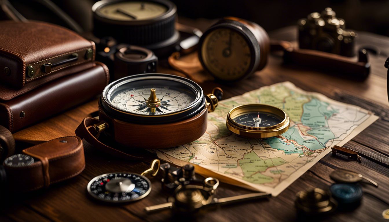 Adventure-themed still life photography with a road map and compass.